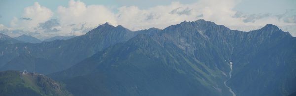 乗鞍岳にて槍穂高連峰の望遠写真、左手手前に焼岳、遠方に針ノ木岳（2009/8/24）